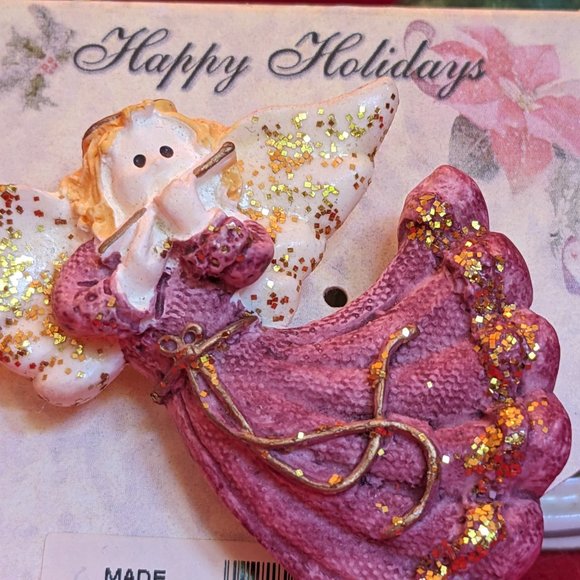 Lovely Vtg Resin Flute Playing Angel Pin Unique Purple Color Dress With Glitter - Picture 2 of 3